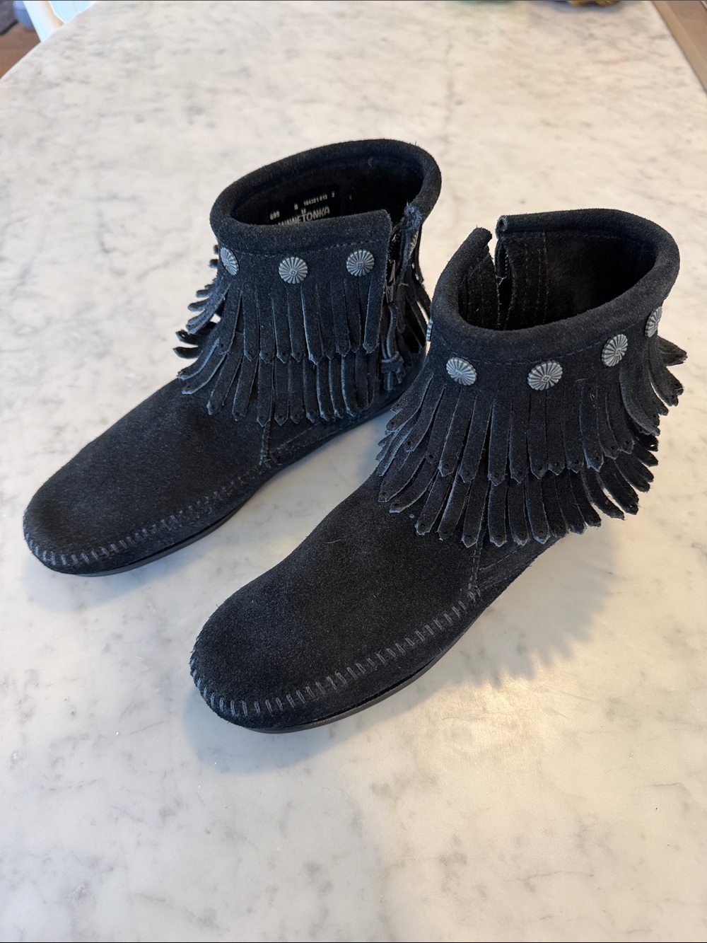 NEW Minnetonka Black Suede Fringe Ankle Boots with Concho Details